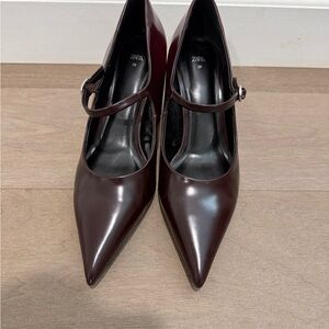 Zara Dark Burgundy Patent Pointed Mary Jane Heels